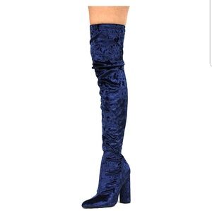 Blue velvet thigh high boots